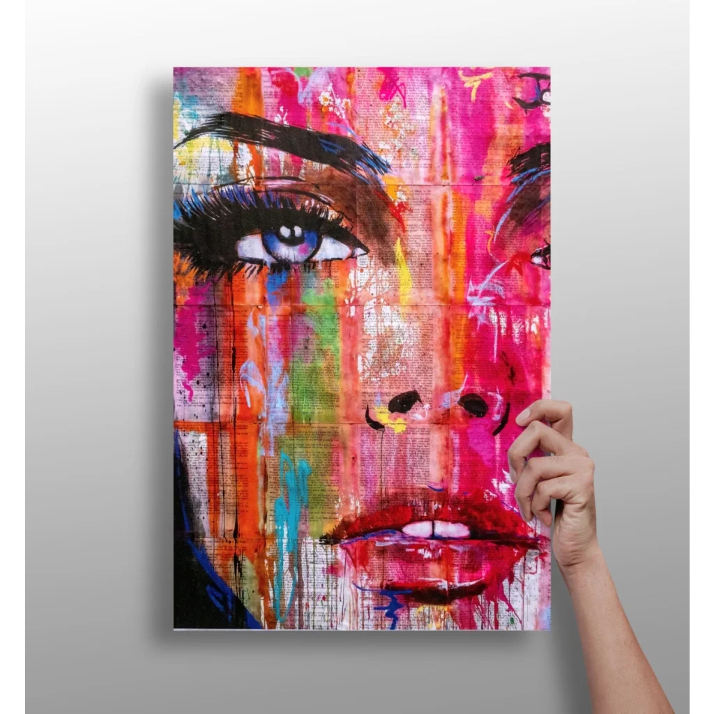 Vibrant abstract face on insigne aluminum print with pink orange green splashes blue eyes red lips