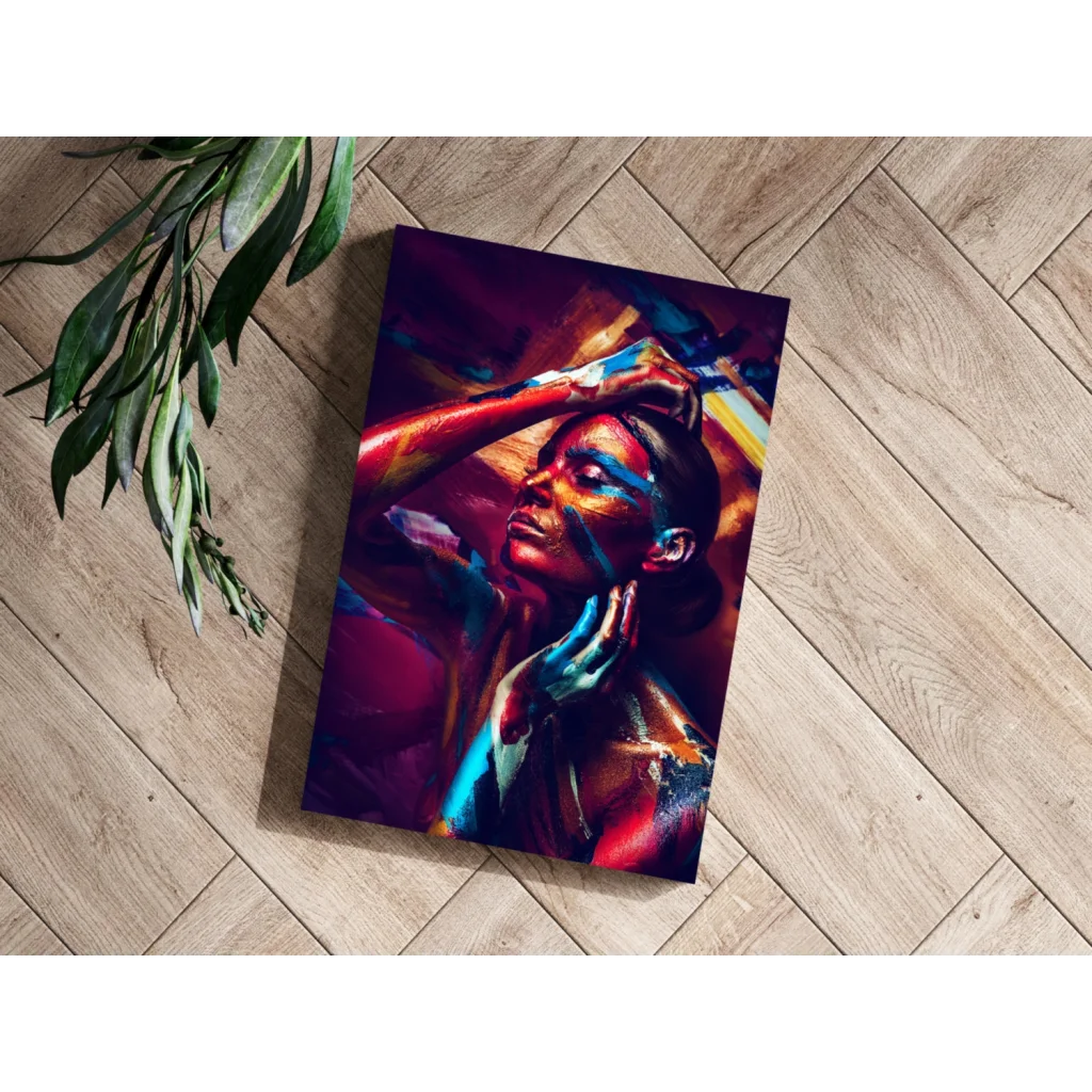 Vibrant abstract woman portrait on insigne aluminum prints with bold red, blue, gold strokes