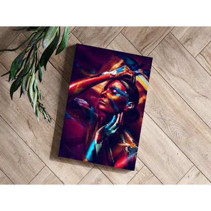 Vibrant abstract woman portrait on insigne aluminum prints with bold red, blue, gold strokes