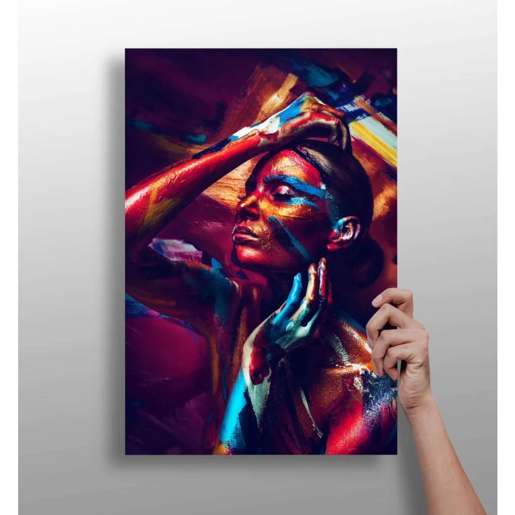 Vibrant abstract woman portrait on Insigne aluminum print with bold red, blue, gold strokes