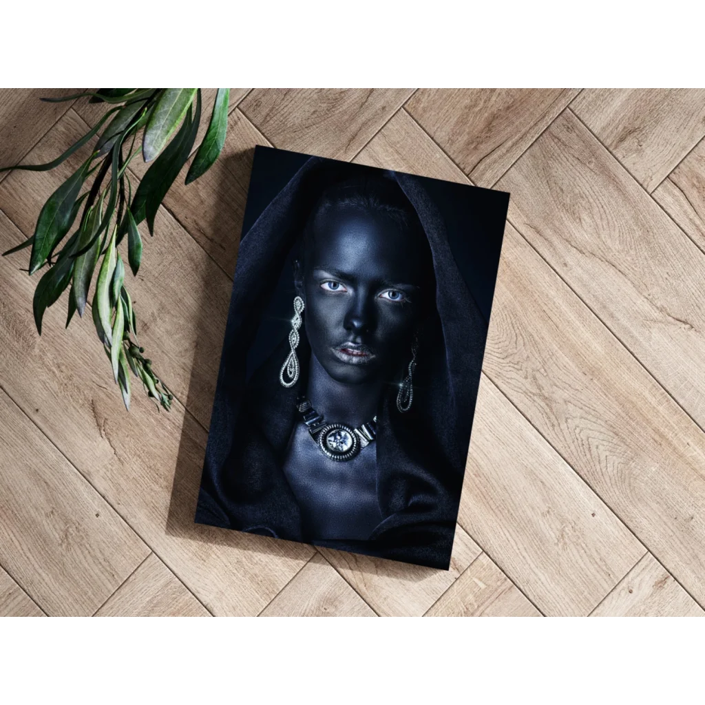 Black canvas portrait woman white eyes silver jewelry on insigne aluminum prints