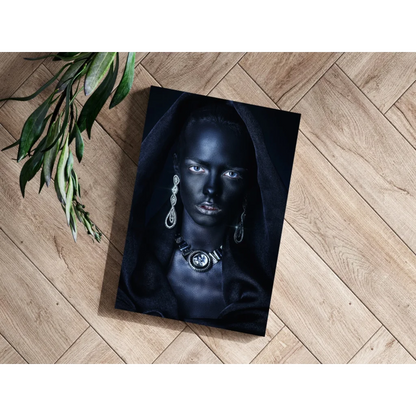 Black canvas portrait woman white eyes silver jewelry on insigne aluminum prints