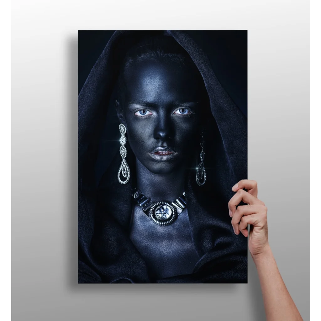 Stunning insigne aluminum print of woman with silver jewelry and dark hood