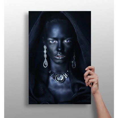 Stunning insigne aluminum print of woman with silver jewelry and dark hood