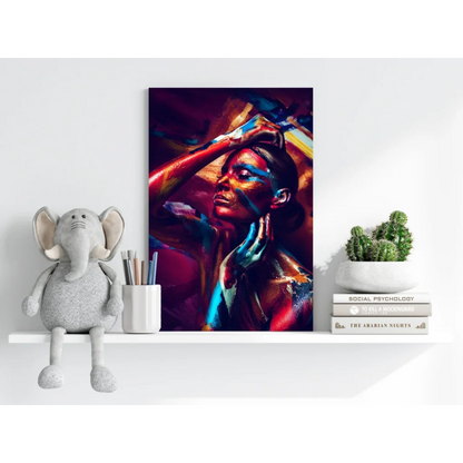 Vibrant abstract woman portrait on insigne aluminum prints in bold reds blues purples