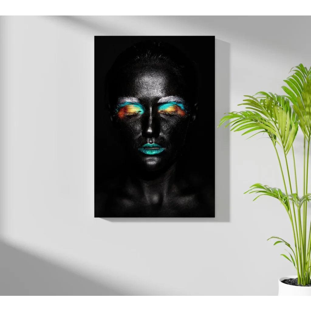 Vibrant black canvas face with teal orange eye makeup on Insigne aluminum print