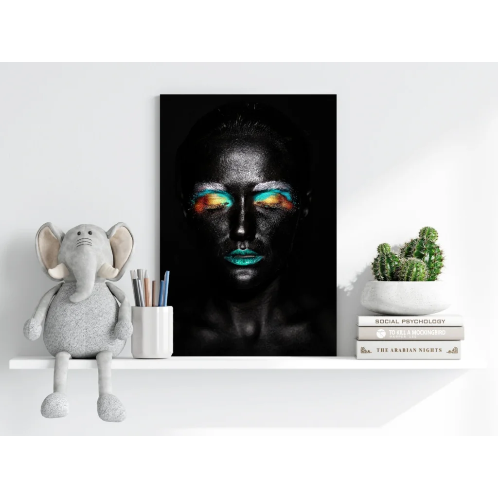 Bold woman with rainbow glowing eyes and teal lips on black canvas, Insigne aluminum print