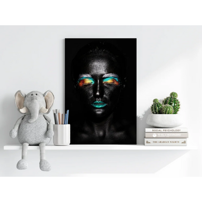 Bold woman with rainbow glowing eyes and teal lips on black canvas, Insigne aluminum print