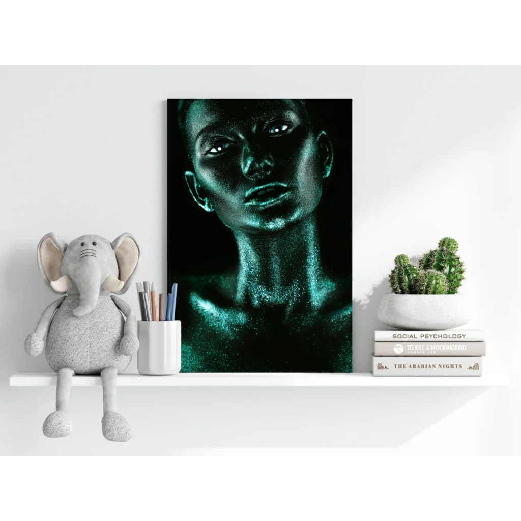 Stunning teal glitter face on insigne aluminum print