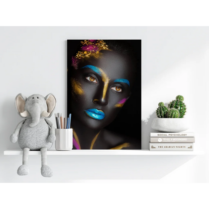 Vibrant woman portrait on Insigne aluminum prints with black skin and bold blue lips