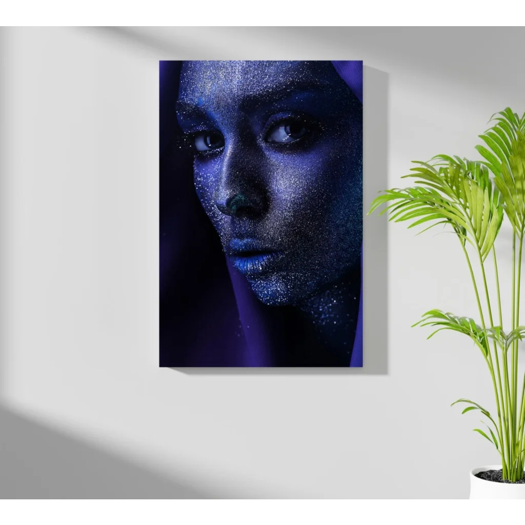 Close-up portrait of woman in shimmering blue glitter on Insigne Aluminum print