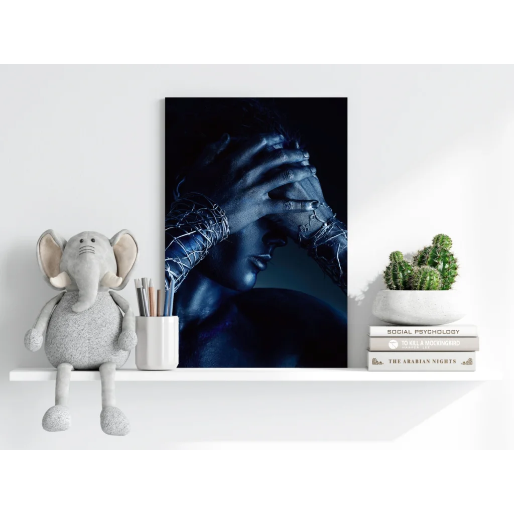 Stunning dark blue canvas print of woman with metallic arm tattoos on Insigne aluminum