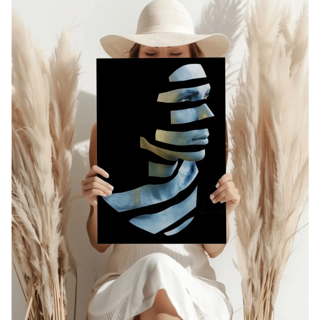 Striking blue and white geometric portrait on Insigne aluminum prints