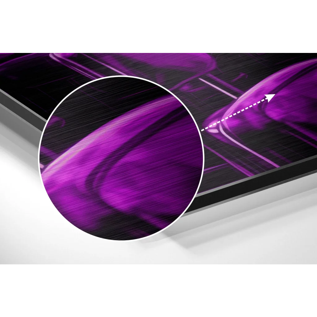Vibrant purple abstract on brushed aluminium dibond in sleek black frame