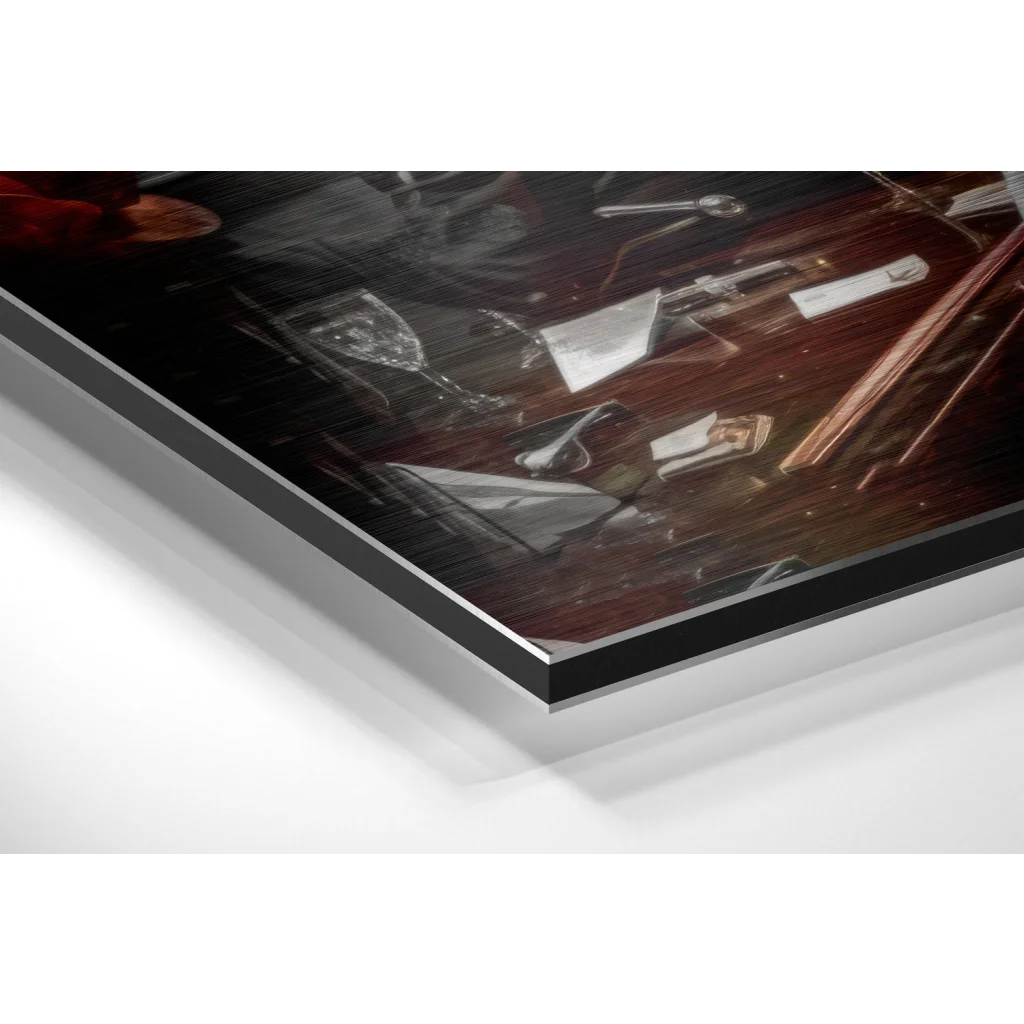 Black-framed brushed aluminium dibond print of moody still life with metallic and wood objects