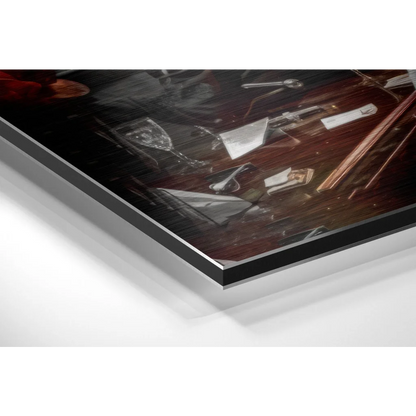 Black-framed brushed aluminium dibond print of moody still life with metallic and wood objects