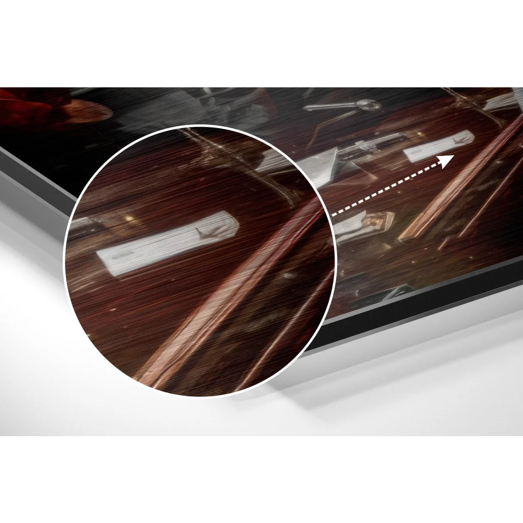 Close-up of glossy dark brown wood grain on brushed aluminium dibond print