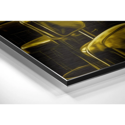 Golden trumpet art on brushed aluminium dibond, black background canvas