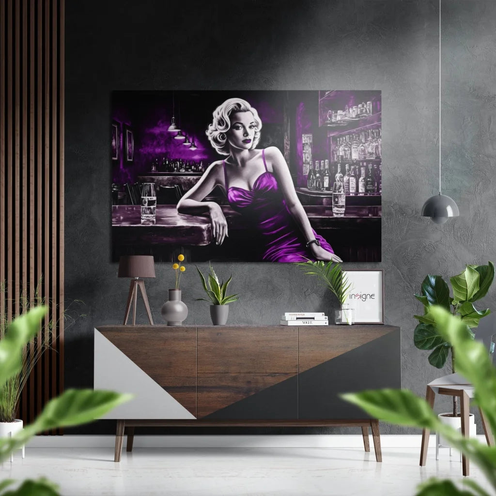 Blonde in purple satin dress at bar on brushed aluminium dibond art