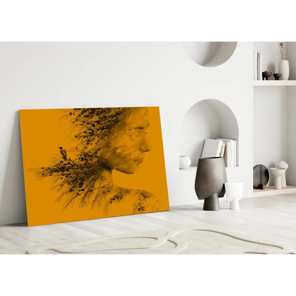 Vibrant orange botanical woman silhouette canvas wall art