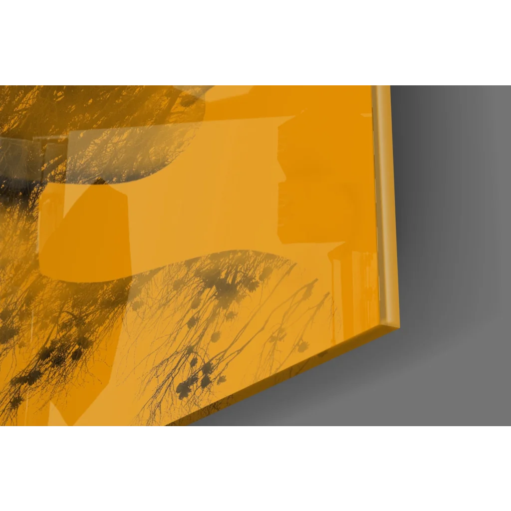 Vibrant yellow abstract glass wall art with glossy finish and botanical woman silhouette