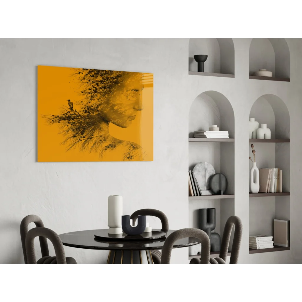 Vibrant yellow botanical woman canvas wall art with bird silhouette