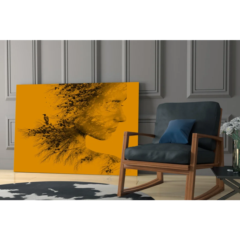 Vibrant yellow wall art canvas with stylized botanical woman and bird silhouette