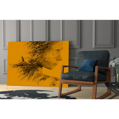 Vibrant yellow wall art canvas with stylized botanical woman and bird silhouette
