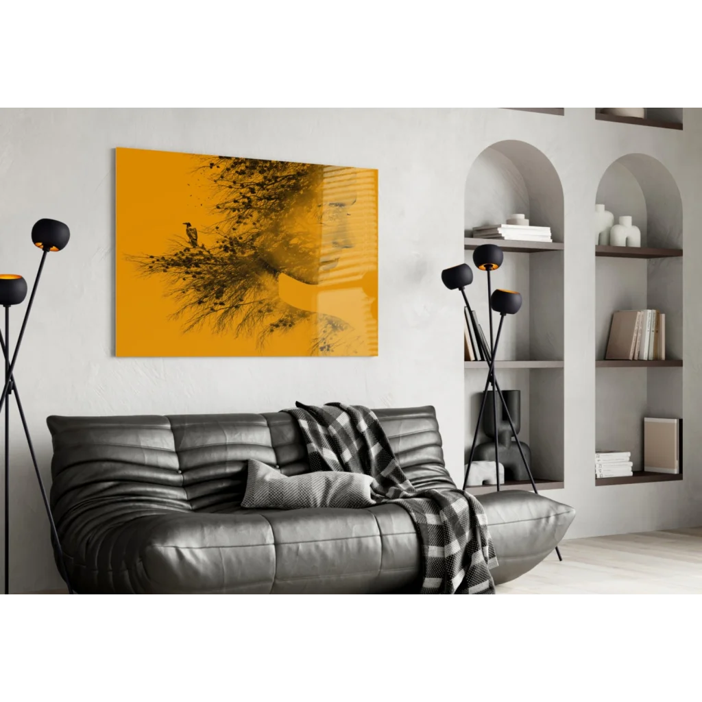 Vibrant yellow bird on textured branches in nature silhouette wall art