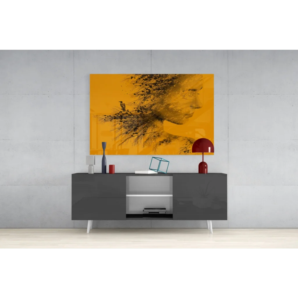 Vibrant yellow abstract wall art canvas with botanical woman silhouette and bird