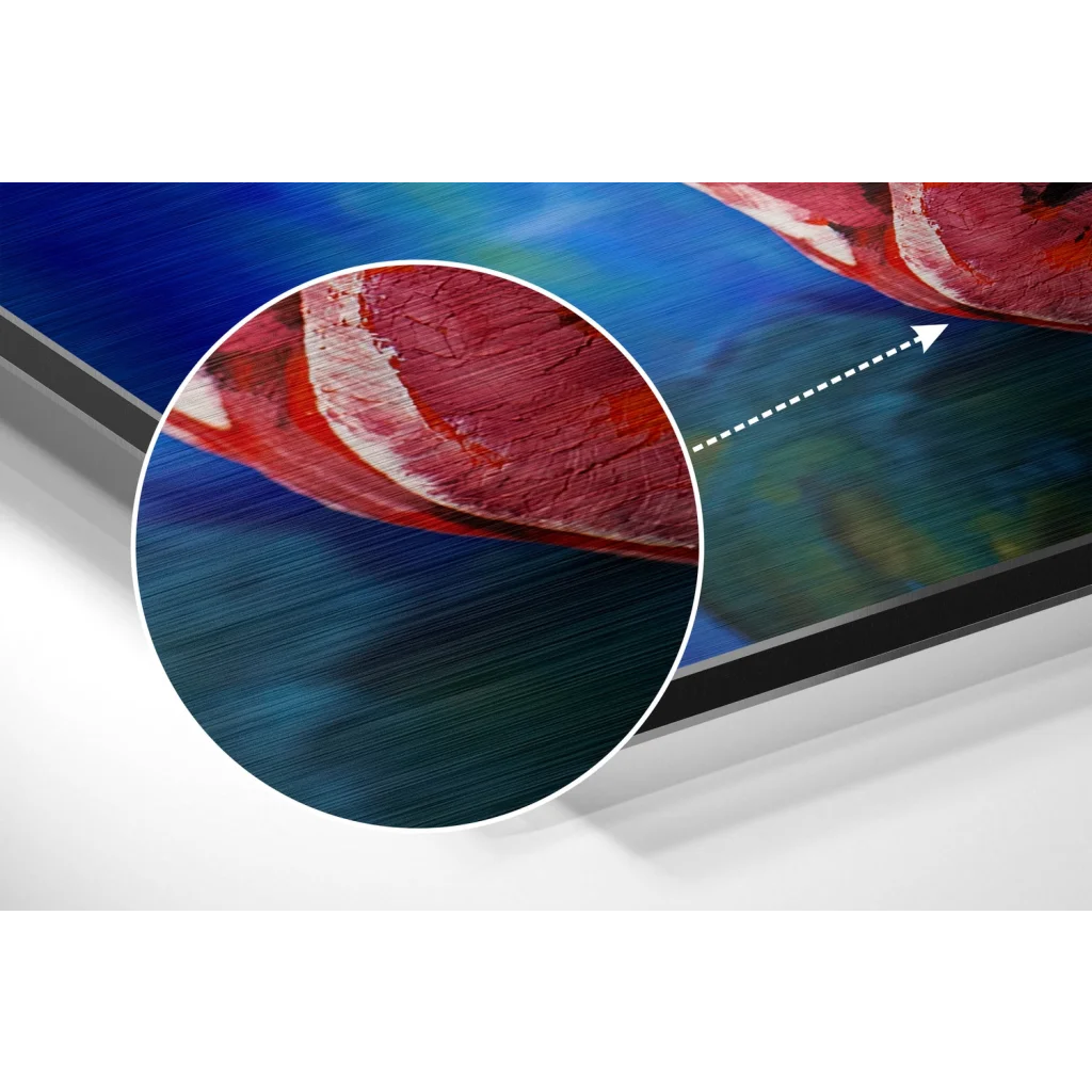 Vibrant abstract art on brushed aluminium dibond with red blue strokes