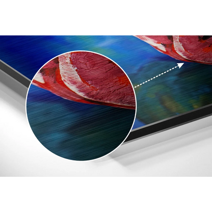 Vibrant abstract art on brushed aluminium dibond with red blue strokes