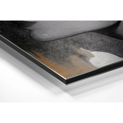 Black-framed abstract art on brushed aluminium dibond