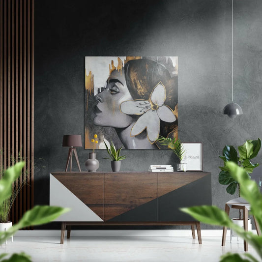 Modern abstract woman portrait on brushed aluminium dibond