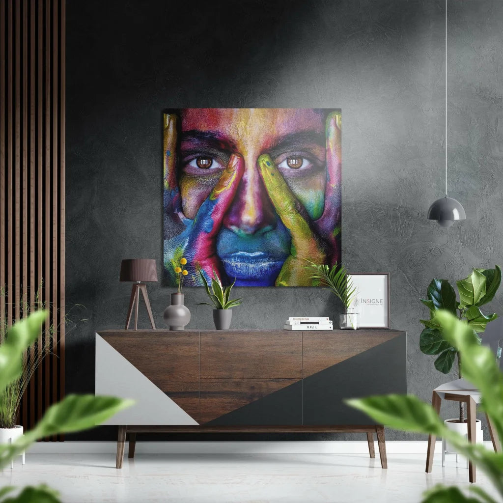 Vibrant abstract face portrait on brushed aluminium dibond print