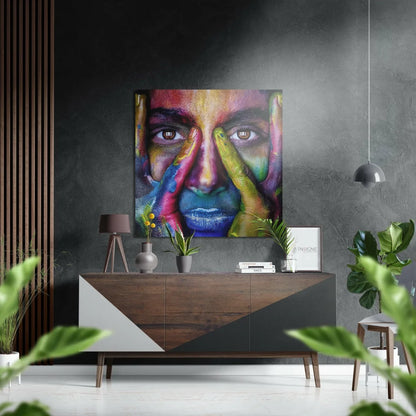 Vibrant abstract face portrait on brushed aluminium dibond print