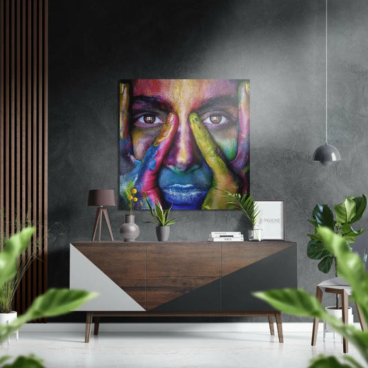Vibrant abstract face portrait on brushed aluminium dibond print
