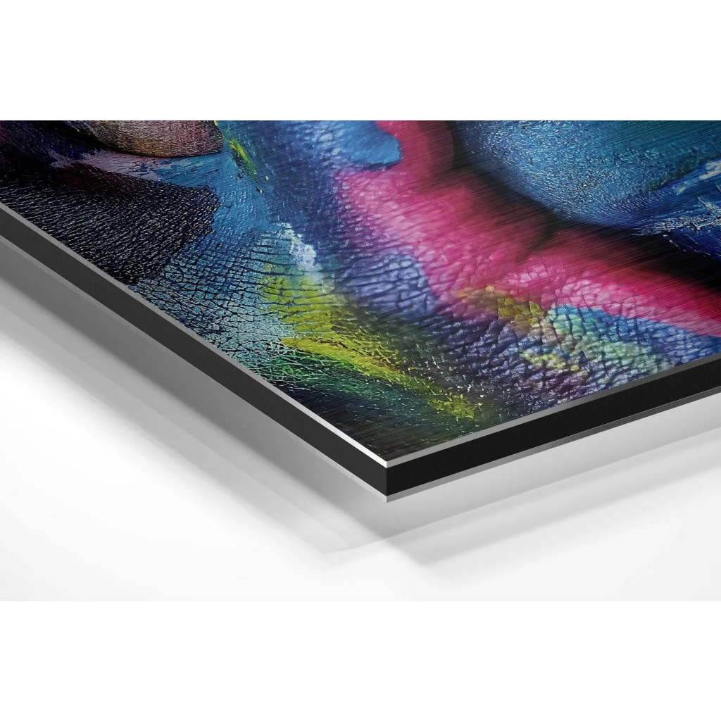 Vibrant abstract face art on brushed aluminium dibond print