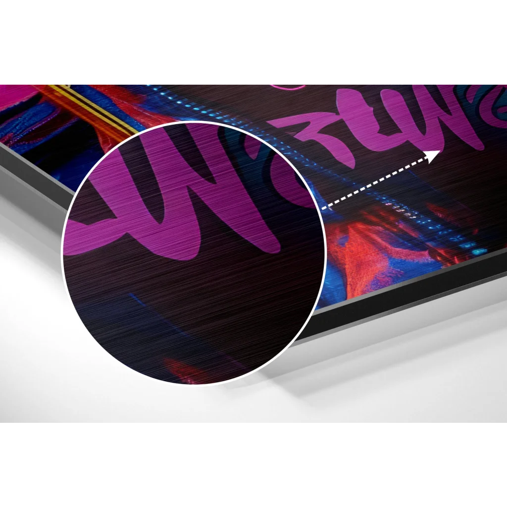 Vibrant purple graffiti on brushed aluminium dibond with red blue swirls