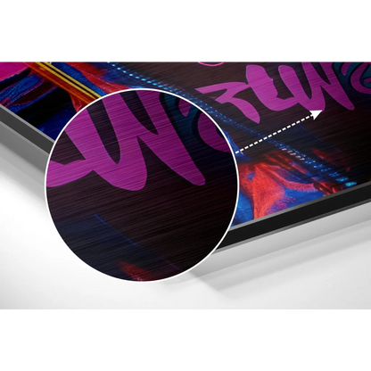 Vibrant purple graffiti on brushed aluminium dibond with red blue swirls