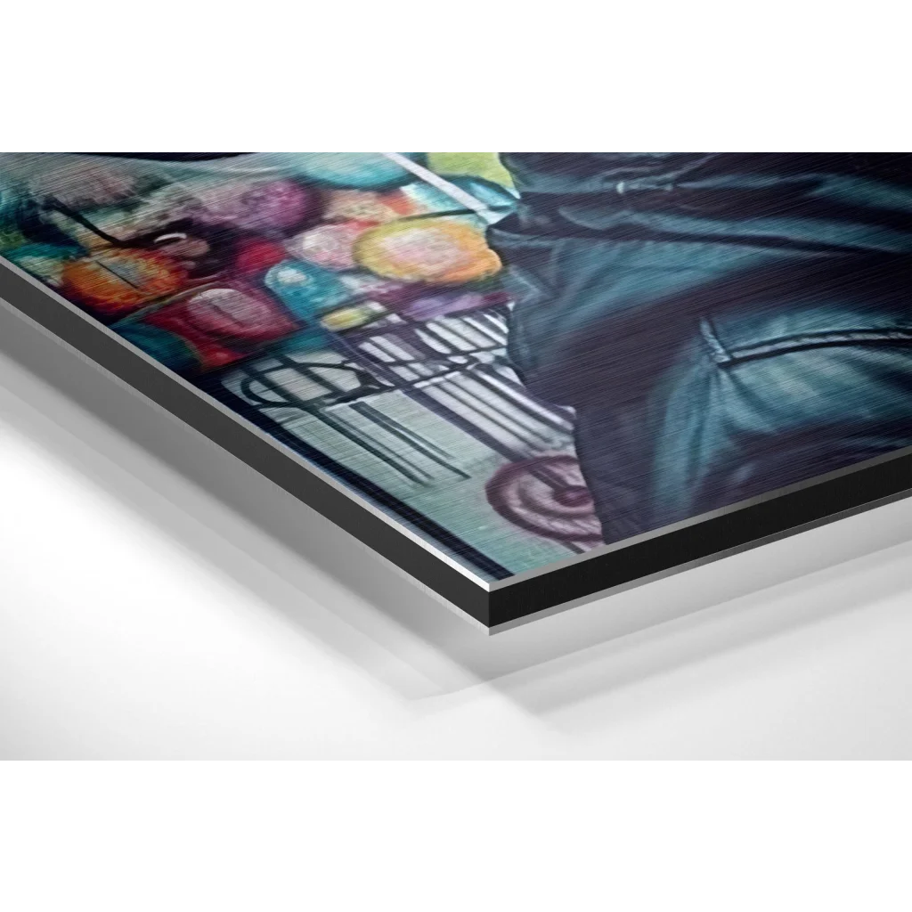 Vibrant teal figure on brushed aluminium dibond pop art print