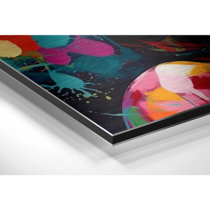Vibrant abstract art on brushed aluminium dibond print with pink teal orange splashes