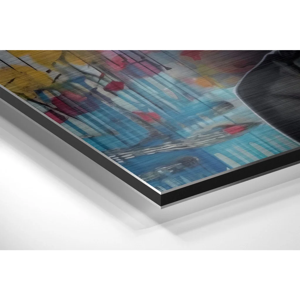 Vibrant blue, yellow, pink brushstrokes on brushed aluminium dibond in black frame