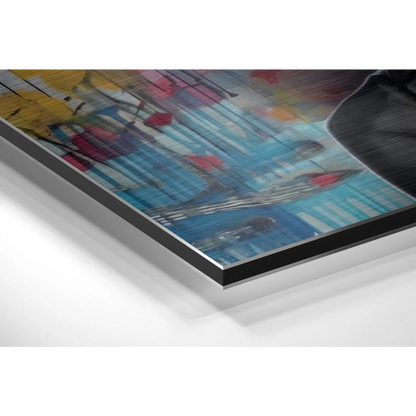 Vibrant blue, yellow, pink brushstrokes on brushed aluminium dibond in black frame