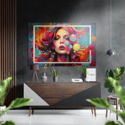 Vibrant pop-art woman with pink orange hair on brushed aluminium dibond print