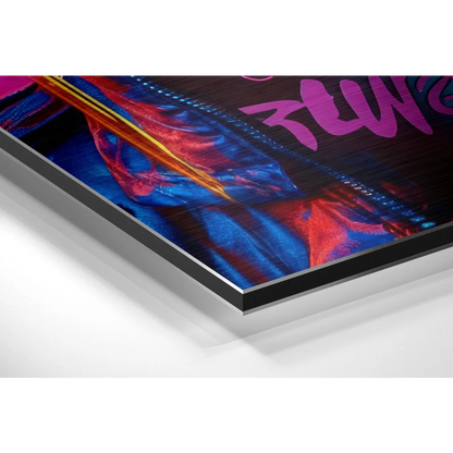 Vibrant graffiti art on brushed aluminium dibond print in black frame