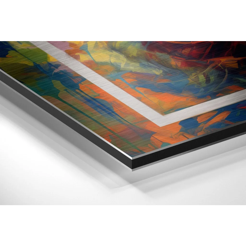 Vibrant abstract art print on brushed aluminium dibond in orange blue green red