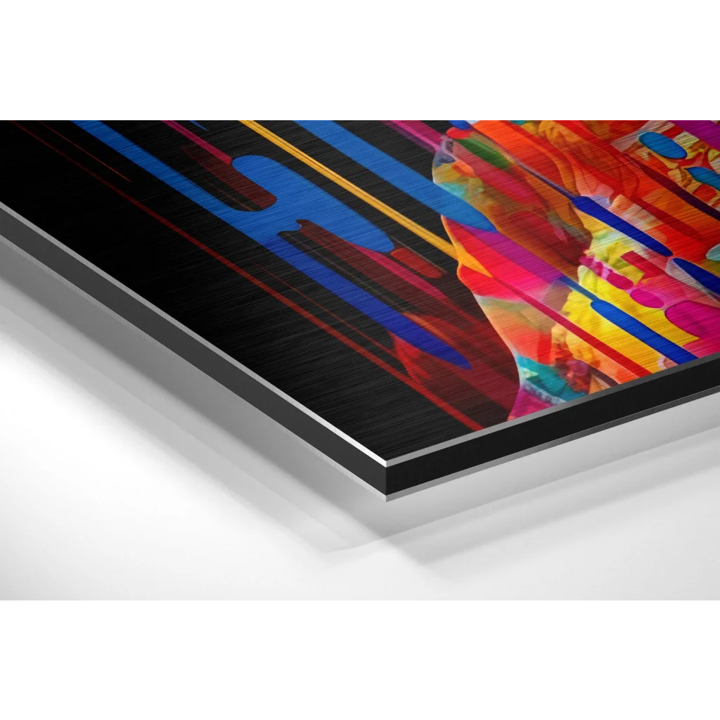 Stunning brushed aluminium dibond abstract art print in vibrant blue, red, yellow on black