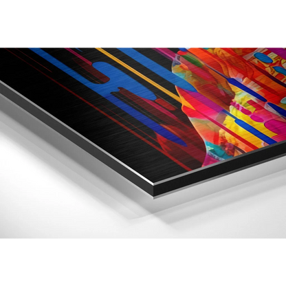 Stunning brushed aluminium dibond abstract art print in vibrant blue, red, yellow on black