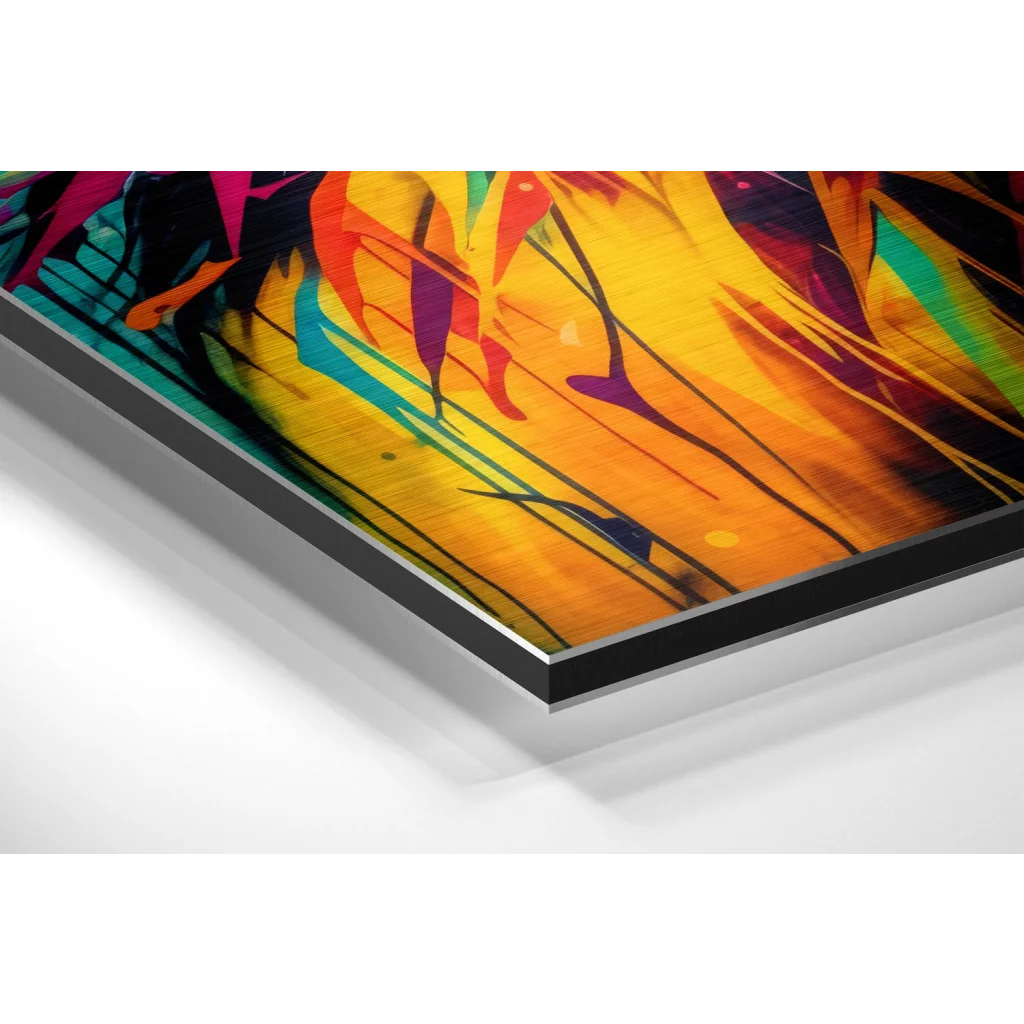 Vibrant abstract art on brushed aluminium dibond print with bold streaks